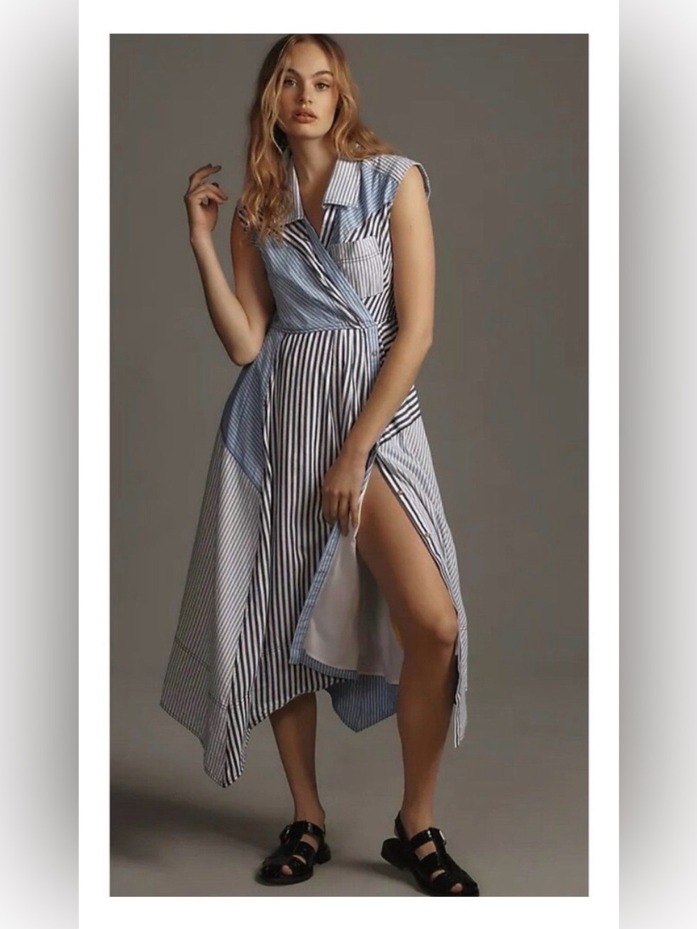 Pilcro Blue and White Striped Asymmetrical Wrap Dress